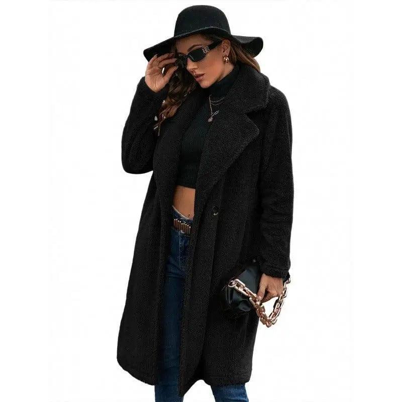 Cheky - Single-breasted Mid-plush Trench Coat Loose-collar Lambswool