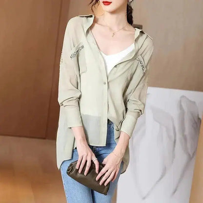 Cheky - Summer Shirt Hollow Sexy Shirt Single-breasted Chiffon Shirt