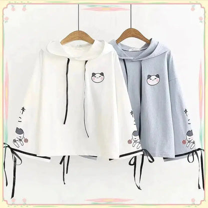 Cheky - Sweet And Cute Childlike Cat Print Lace Cotton Loose Casual