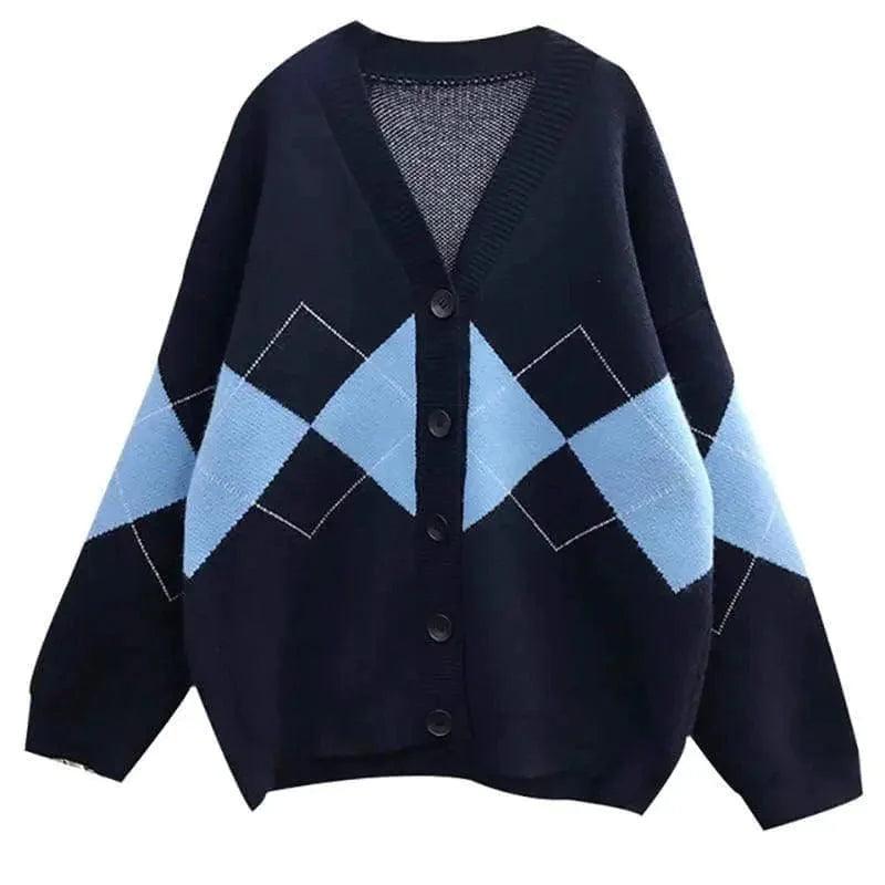 Cheky - V-neck Knitted Cardigan Women's Japanese Lazy Style Diamond