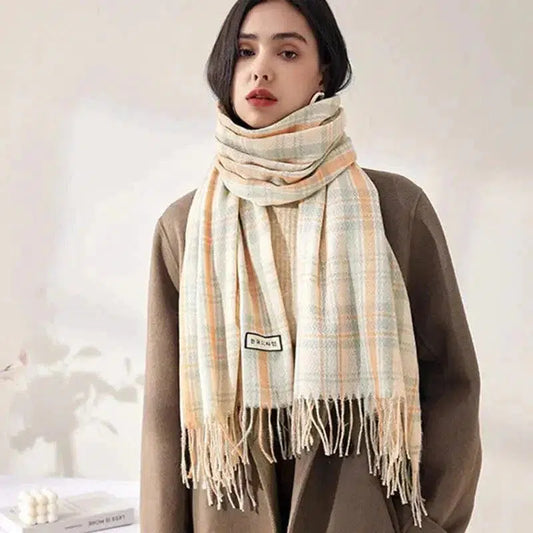 Cheky - Women's Fashionable Plaid Printed Tassel Shawl Warm Scarf