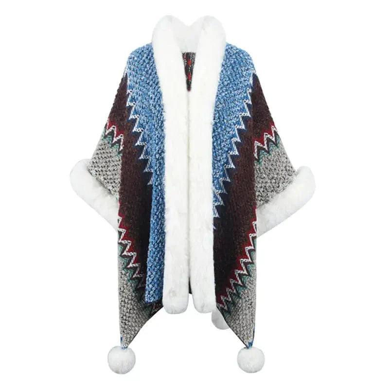 Cheky - Women's Fur Collar Inverness Striped Ethnic Style